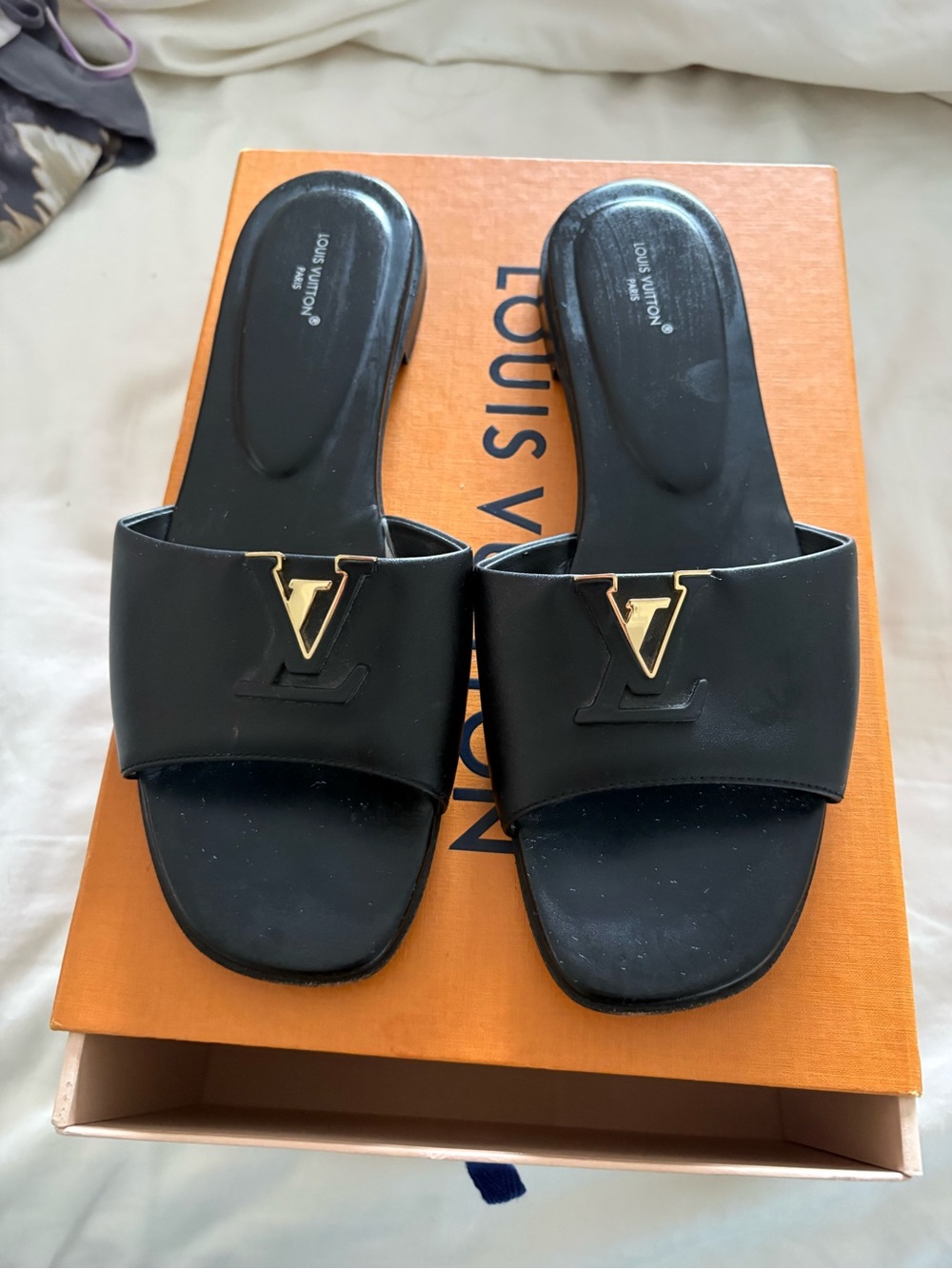 Louis Vuitton Black Leather Logo Slide Mules with Gold Hardware
